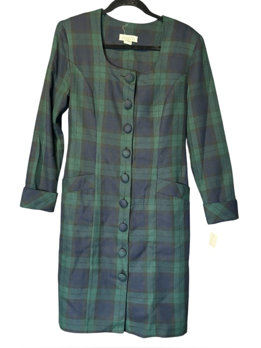 Vintage Express Plaid Green Navy Blue Button Front Dress with Pockets Size 5/6